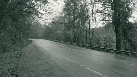 A wet two-lane road curving past a guardrail