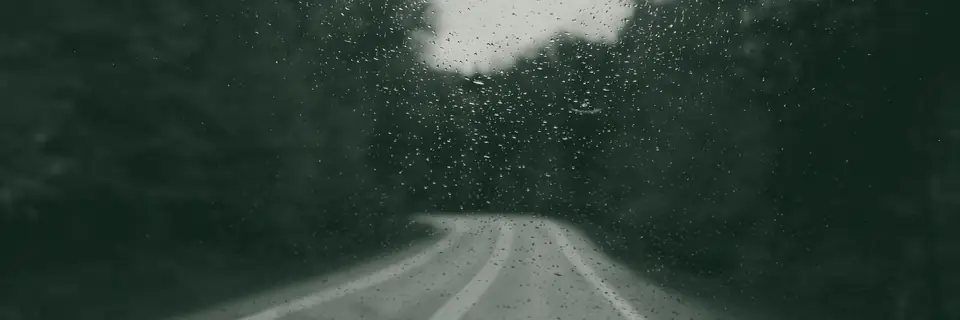A two-lane road through autumn woods, seen through a rain-speckled windshield
